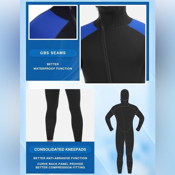 REALON 5mm Neoprene Men Wetsuit Hooded Full Body One Piece - Picture 3 of 5